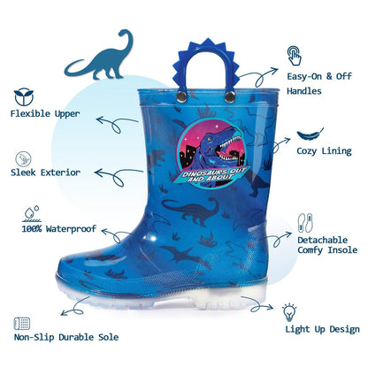 EUXTERPA Light Up Wellies for Boys Girls, Boy Dinosaur Kids Welly Boots Children Wellingtons Waterproof Boots with Handle Size 9 UK Child
