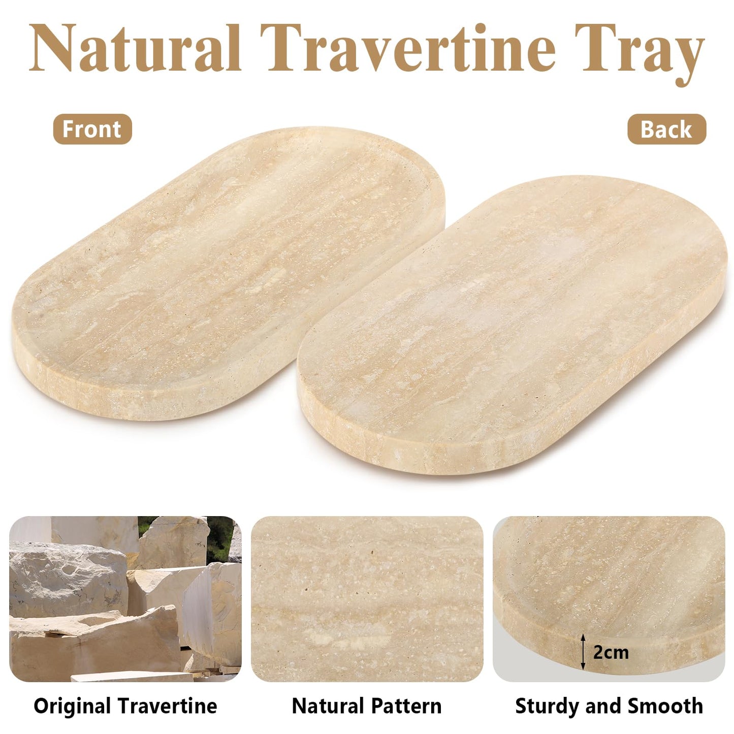 Moujings Natural Travertine Vanity Tray - Decorative Stone Marble Tray for Bathroom Countertop, Elegant Organizer for Home Decor, Jewelry, Candle, Makeup, Kitchen and Dresser Decor
