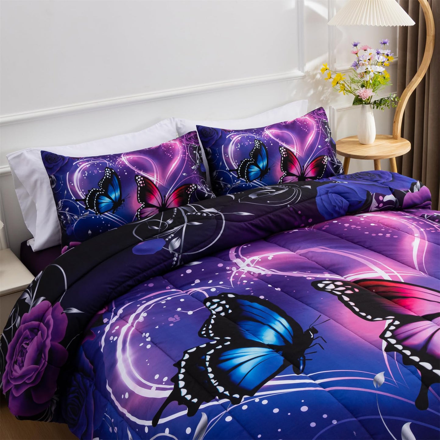 A Nice Night Galaxy 6pcs Bed in a Bag Purple and Blue Dreamy 3D Butterfly Printed, Butterflies Bedding Full Comforter Set, for Girls Kids Teens