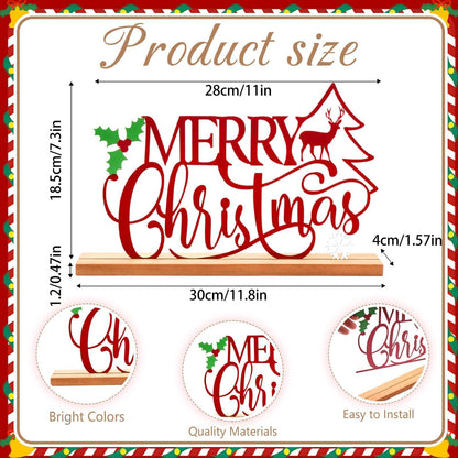 Metal Merry Christmas Table Sign Xmas Tabletop Centerpiece with Wooden Base Freestanding Rustic Tiered Tray Decor for Home Mantel Shelf Fireplace Decoration (Red)