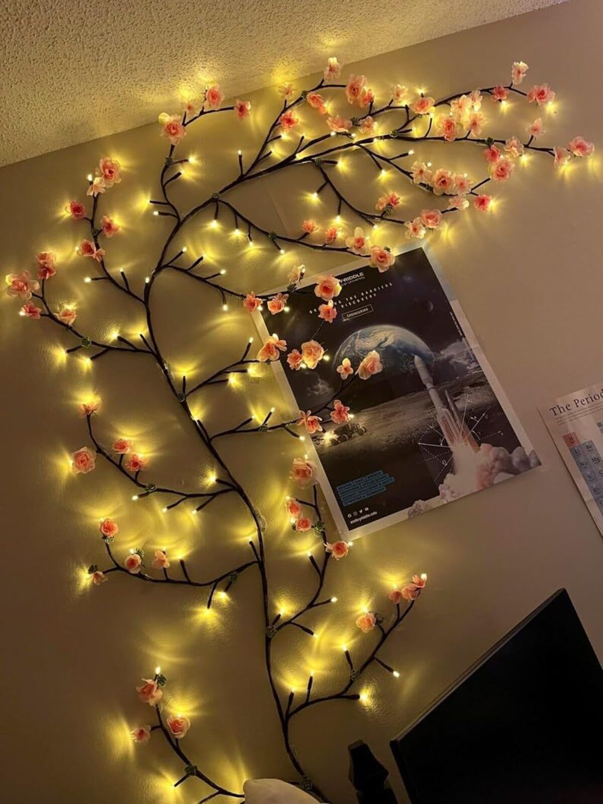 Cherry Blossom Tree Branch Lights for Wall,Cherry Enchanted Willow Vine Lights,with 48 LED and 8 Lighting Modes,Remote Timer,for Bedroom Wall Doors Windows Wedding Christmas Holiday (47inch)