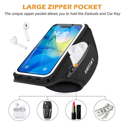 Running Armband with Earphone Bag Cell Phone Armband for iPhone 17 16 15 Pro 14 Plus 13 11 XR, Galaxy S24/S10 Water Resistant Sports Phone Holder Case & Zipper Slot Car Key Holder for 6.9 inch Phone