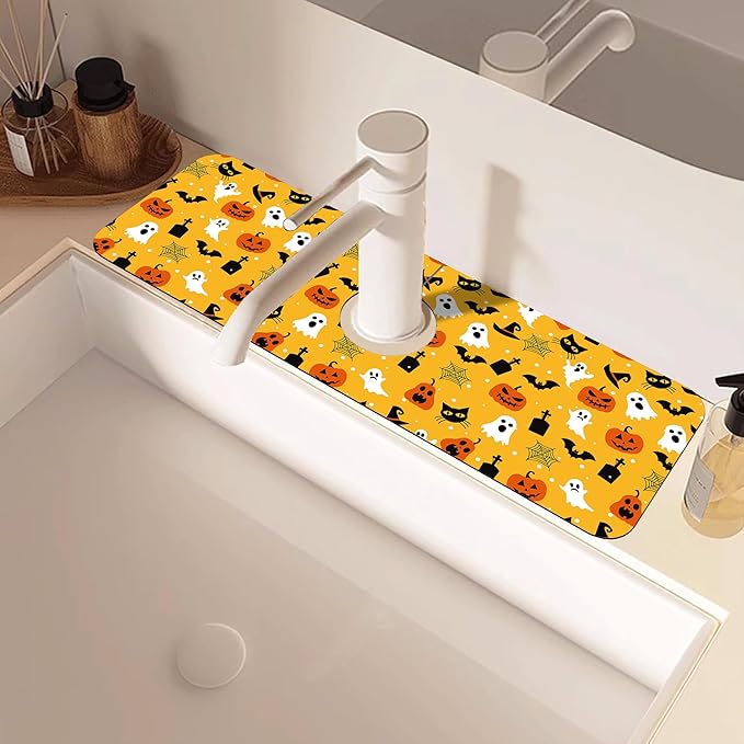 Halloween Pumpkin Bat Ghost Kitchen Sink Splash Guard Mat Absorbent Fast Drying
