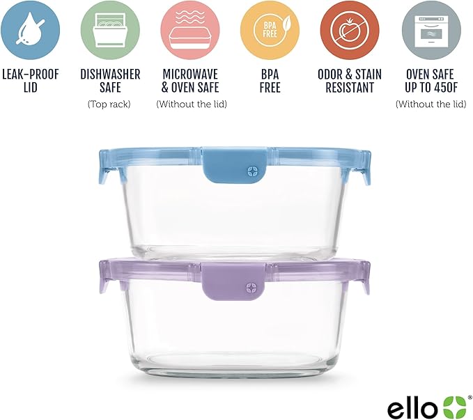 Ello Color Lock 7 Cup 4PC, 2 Pack Glass Meal Prep Sets Leak-Proof Glass Food