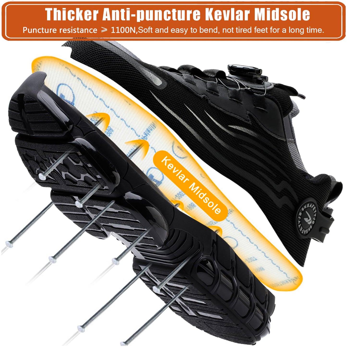 OBIDER Safety Trainers, Safety Shoes Men Women, Comfortable Lightweight Work Shoes, Upgraded Swivel Buckle Shoelaces, Non Slip Work Trainers with Air Cushion Black