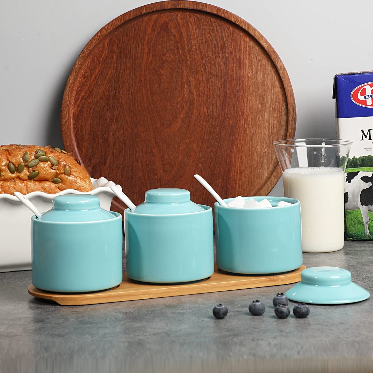 ONTUBE Ceramic Condiment Jar Set of 3 with Tray, Condiment Pot 8oz (Turquoise)