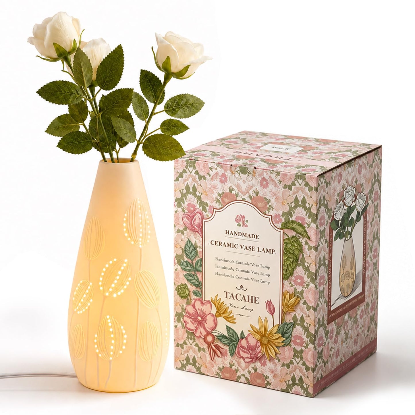 TACAHE Ceramic Vase Table Lamp, 2700K Bulb & 3 Artificial Flowers Included, E12 Socket, Inline Switch, Handmade Openwork Craft, Ambient Light for Living Room Bedroom - Tulip 11"