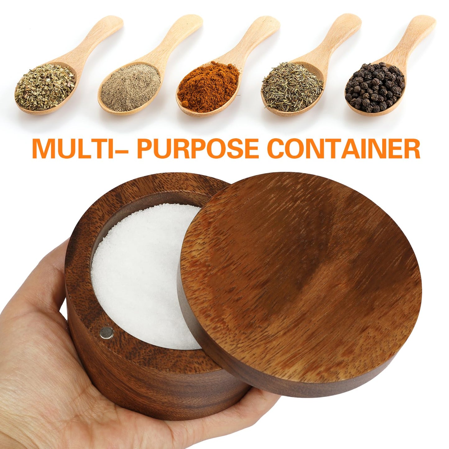 ZOVANO Acacia Wood Salt Cellar Bowl Box, Elegant Salt Container with Swivel Magnetic Lid for Keeping Table Salt, Bath Salt, Sea Salt, Peppers, Herbs or seasonings, One piece Wood No Glue