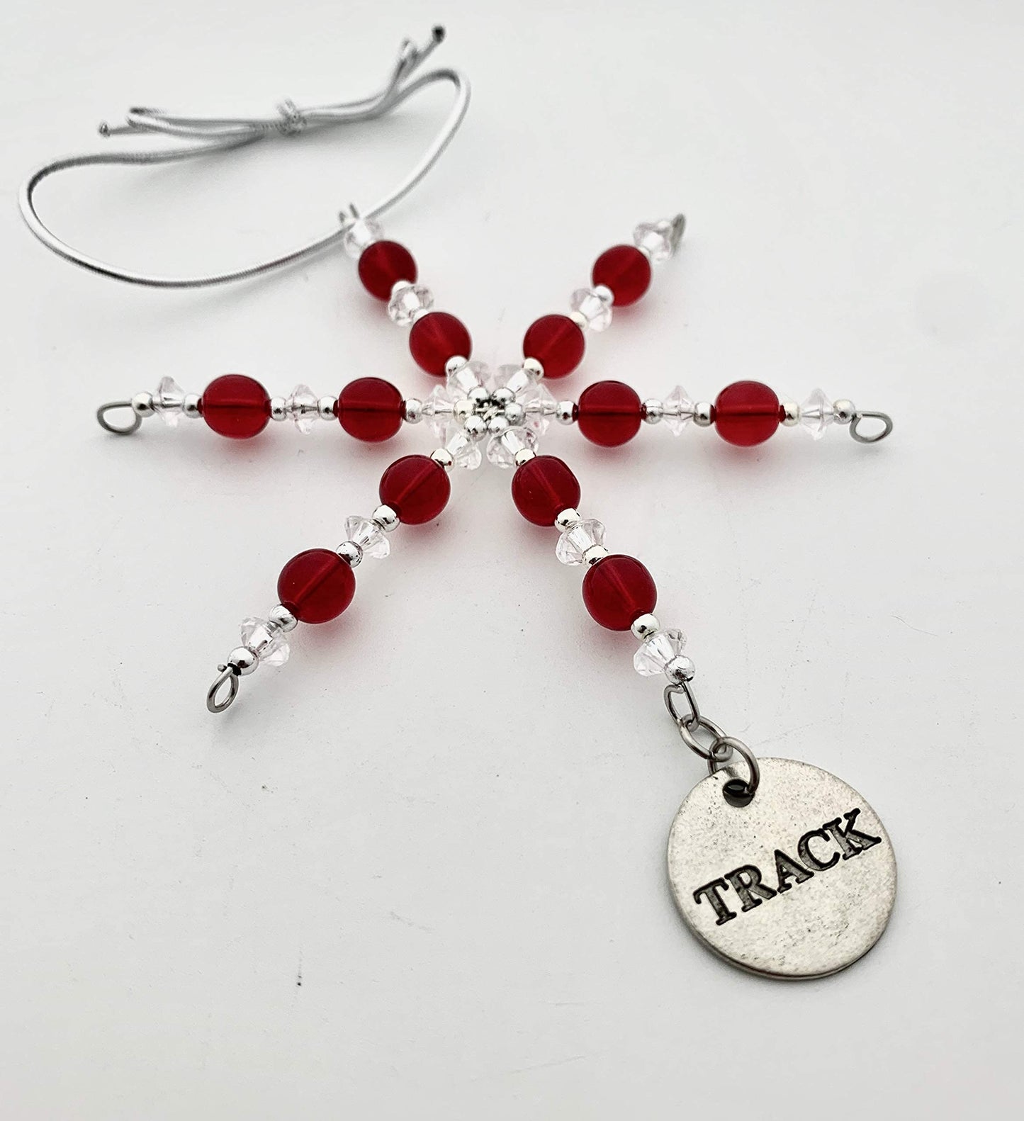 Track Round Ornament - Beaded Snowflake Christmas Ornament with Red Beads