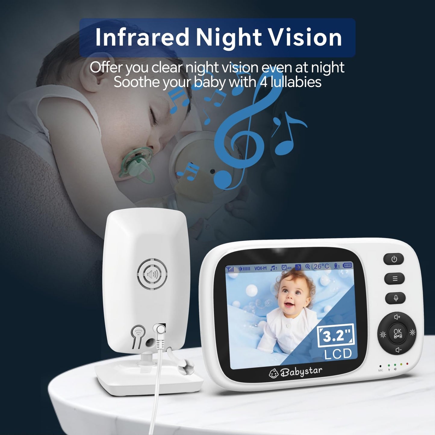 Babystar Baby Monitor with Camera and Night Vision,3.2inch Screen Wireless Video Baby Monitor with Rechargeable Battery, VOX Mode, Temperature Monitoring,Two-Way Audio,Soothing Sounds & Lullabies