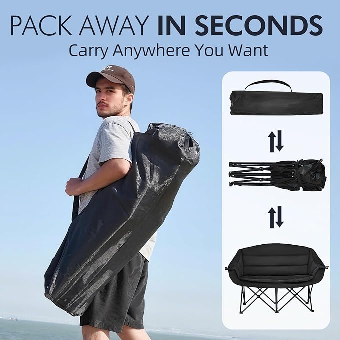 Double Camping Chair Padded Loveseat Chair for 2 Person - Heavy Duty Oversized Camping Couch for Adults Outdoor Sports Lawn Beach Portable Folding XL Chairs with Cup Holders and Carry Bag, All Black