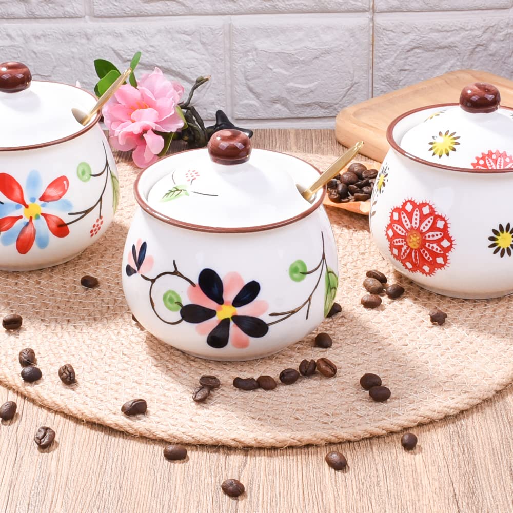 Whitenesser Ceramic Sugar Bowl with Lid and Spoon - 10.8oz Hand-Painted Floral Sugar Jar, Porcelain Salt Cellar for Kitchen Counter & Coffee Bar - Decorative Spice Jar for Honey, Jam, Seasoning