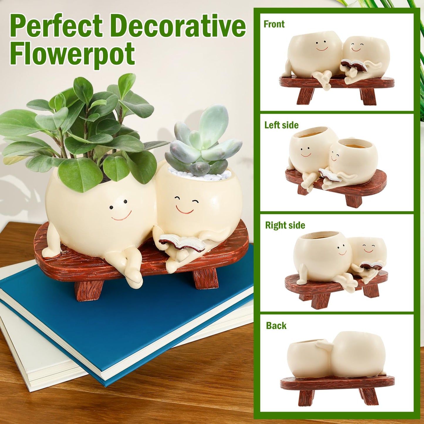 SYKUIHSG Smily Face Planter Pot, Cute Resin Flower Double Head for Indoor Outdoor, Creative Succulents Plantings Flower Pot with Drainage Hole, Present Ideal for Mother, Friend
