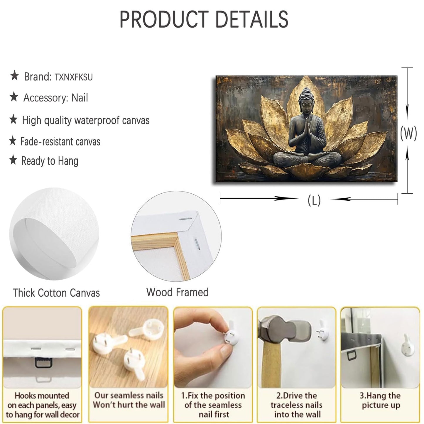 Large Buddha Lotus Canvas Wall Art Abstract Gold and Grey Zen Buddhism Decor painting Pictures Modern Serene Meditation Posters Prints for living room Bedroom Office Hallway Home Decoration