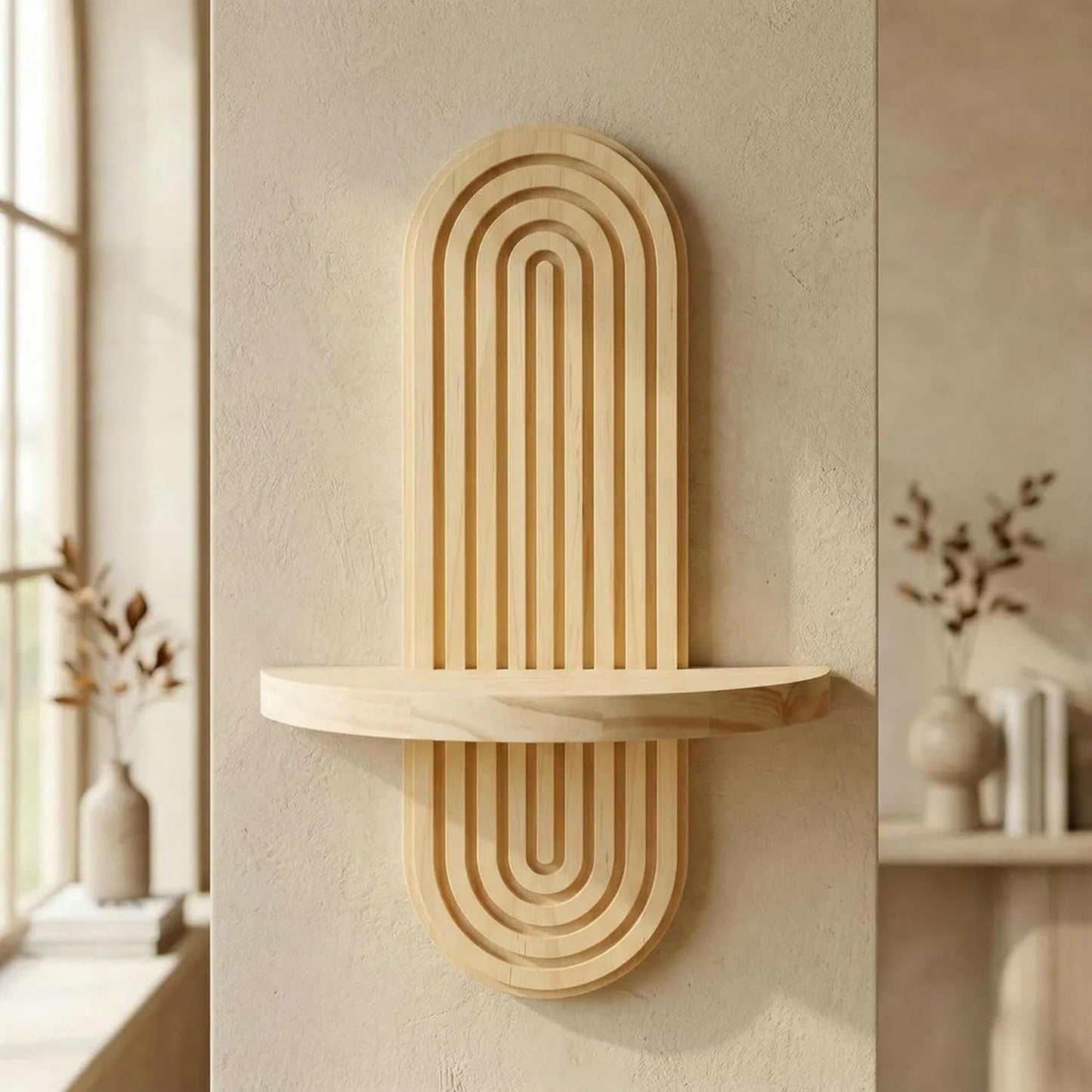 Natural Solid Wood Arched Wall Mount Shelf, Floating Decor Display Shelving for Succulents, Mini Plants, Home Decor & Bathroom Small Ornaments (Natural, 11.8" X 7.8")