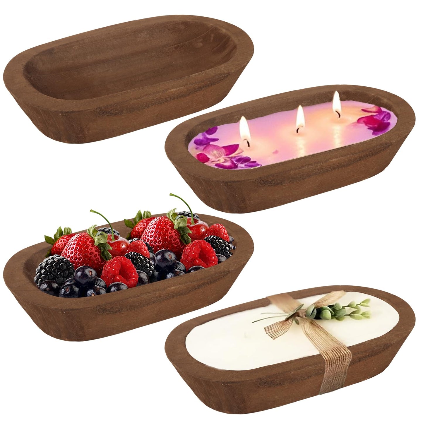 CYEAH 4 Pack Wooden Dough Bowls Bulk, 9.5 in Rustic Dough Bowl for Candle, Natural Paulownia Wood Bowls for Wedding DIY Candle Home Crafts Making Farmhouse Fruits Supplies Decoration