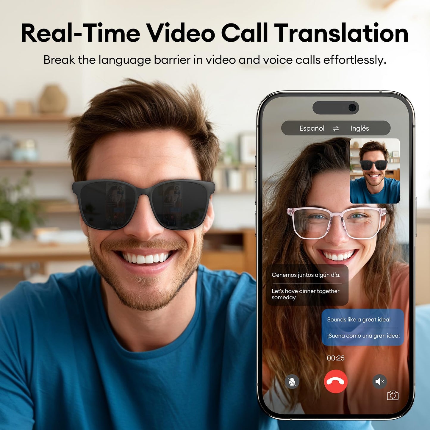 AI Smart Glasses, Bluetooth 5.4 Translation Glasses with 144 Language & Accents, Blue Light Filtering Lenses, Multifunctional Smart Glasses for Men Women, Travel Meeting Trade Business HY-C8 White