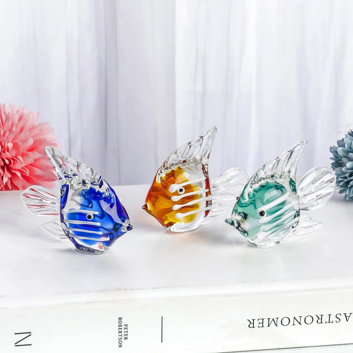 LONGWIN Miniature Blown Glass Fish Figurines Collectible Decor for Home, Handcrafted Glass Sea Animal Sculpture, Set of 3