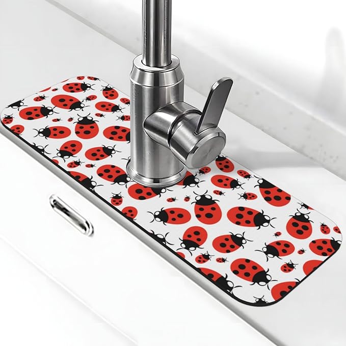 Kitchen Sink Splash Guard Faucet Mat Ladybug Cartoon 15"x5.5", Diatom Mat