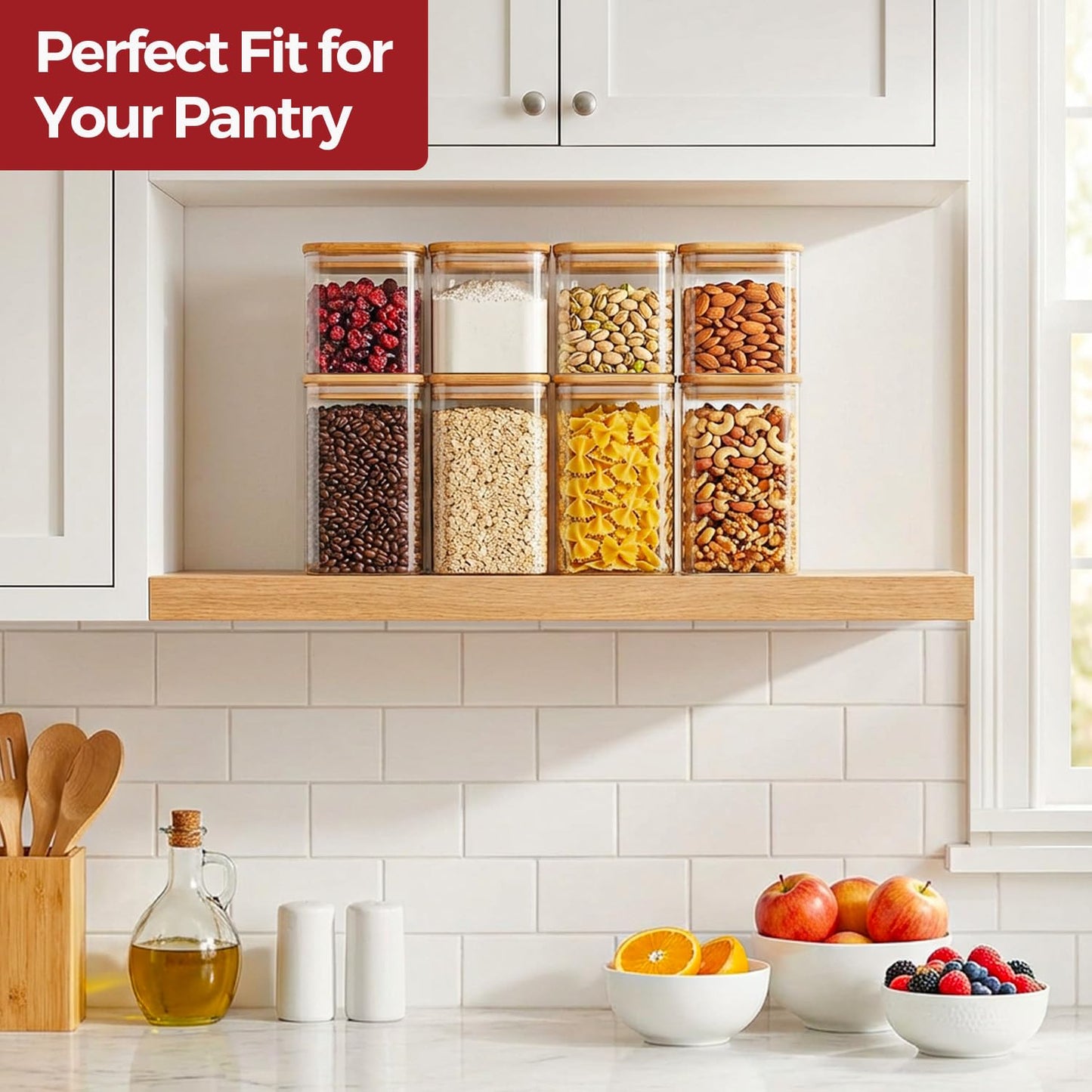 KTMAMA 6-Pack Square Glass Pantry Storage Containers with Lids, Airtight Stackable Pantry Organization and Storage Set (1.6 Qt/1 Qt) for Snacks, Cereal & Coffee