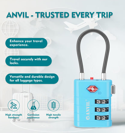 ANVIL TSA Approved Luggage Locks – High Security TSA008 Combination Travel Locks with Inspection Indicator for Suitcases and Backpacks. (2, Bule)