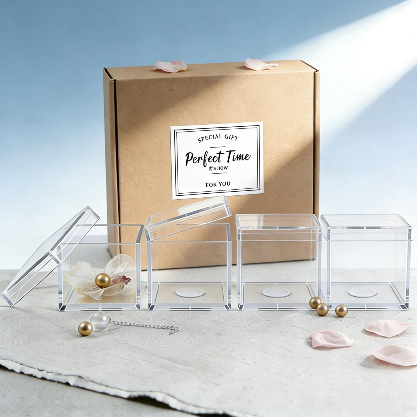 KissYou Small Clear Acrylic Box, 4 Pack Plastic Square Cube Acrylic Storage Box for Graduation Wedding Birthday Party Candy Boxes Jewelry Storage Box