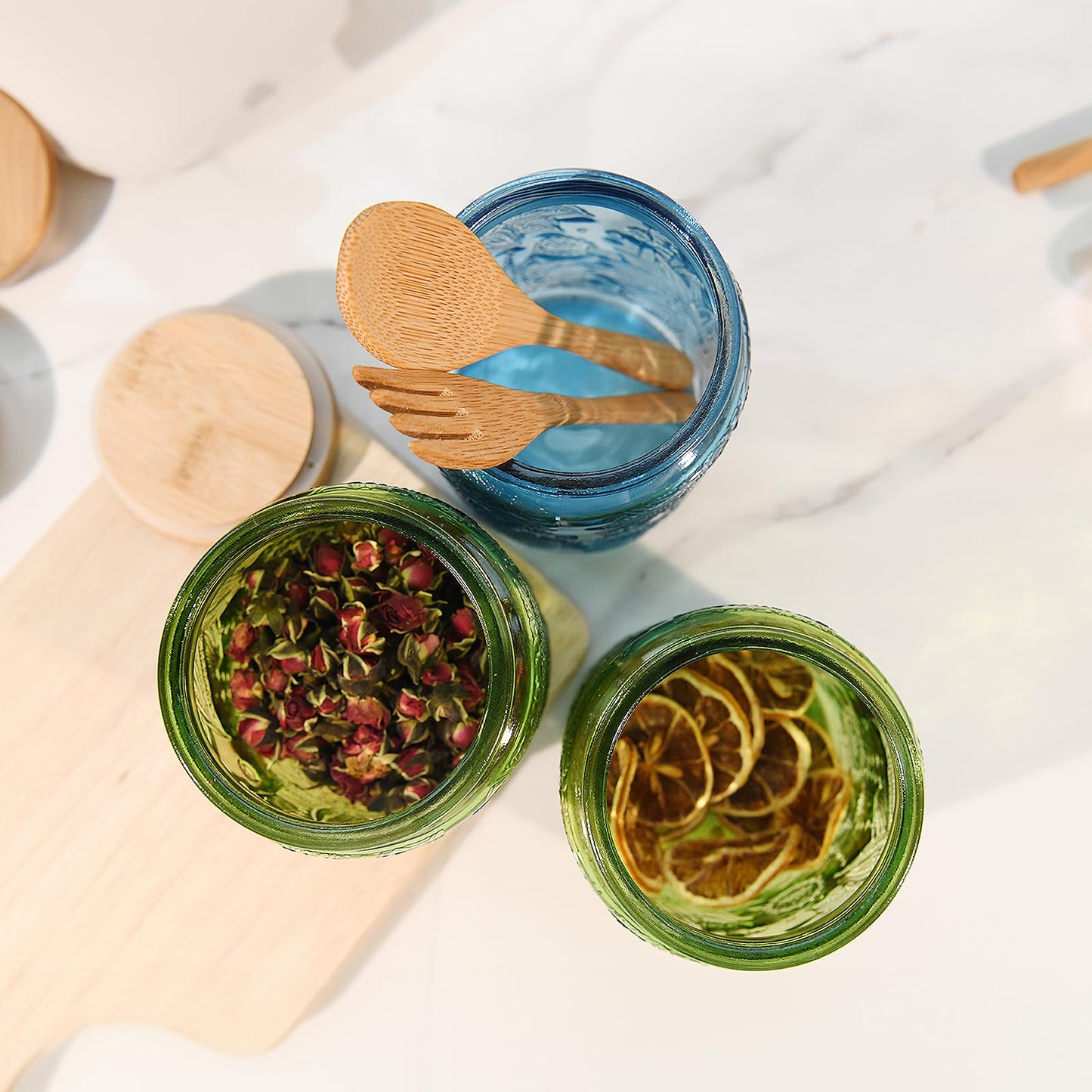 Custde Glass Storage Jars With Airtight Lid, 23.7oz Canister For Kitchen Counter with Bamboo Lid, brown sugar, candy, coffee, cookie, salt, tea,pantry cute Jar (Blue 2-Pack, 23.7 fl oz)