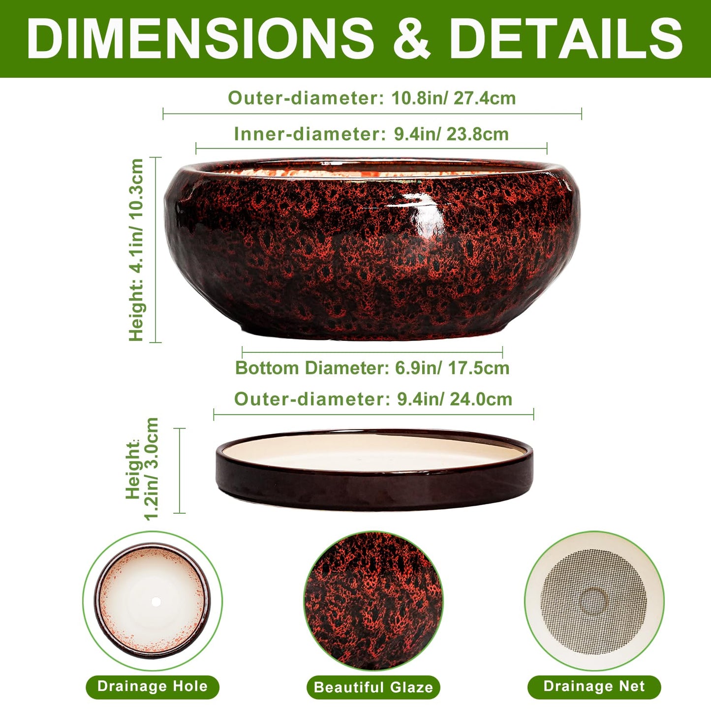 EPFamily Bonsai Tree Pots - 10 Inch Ceramic Succulent Planters for Indoor Outdoor, Bonsai Pots with Drainage Hole and Saucer, Shallow Round Planter, Planter Bowl, Patio Decor, Gifts for Women, Red