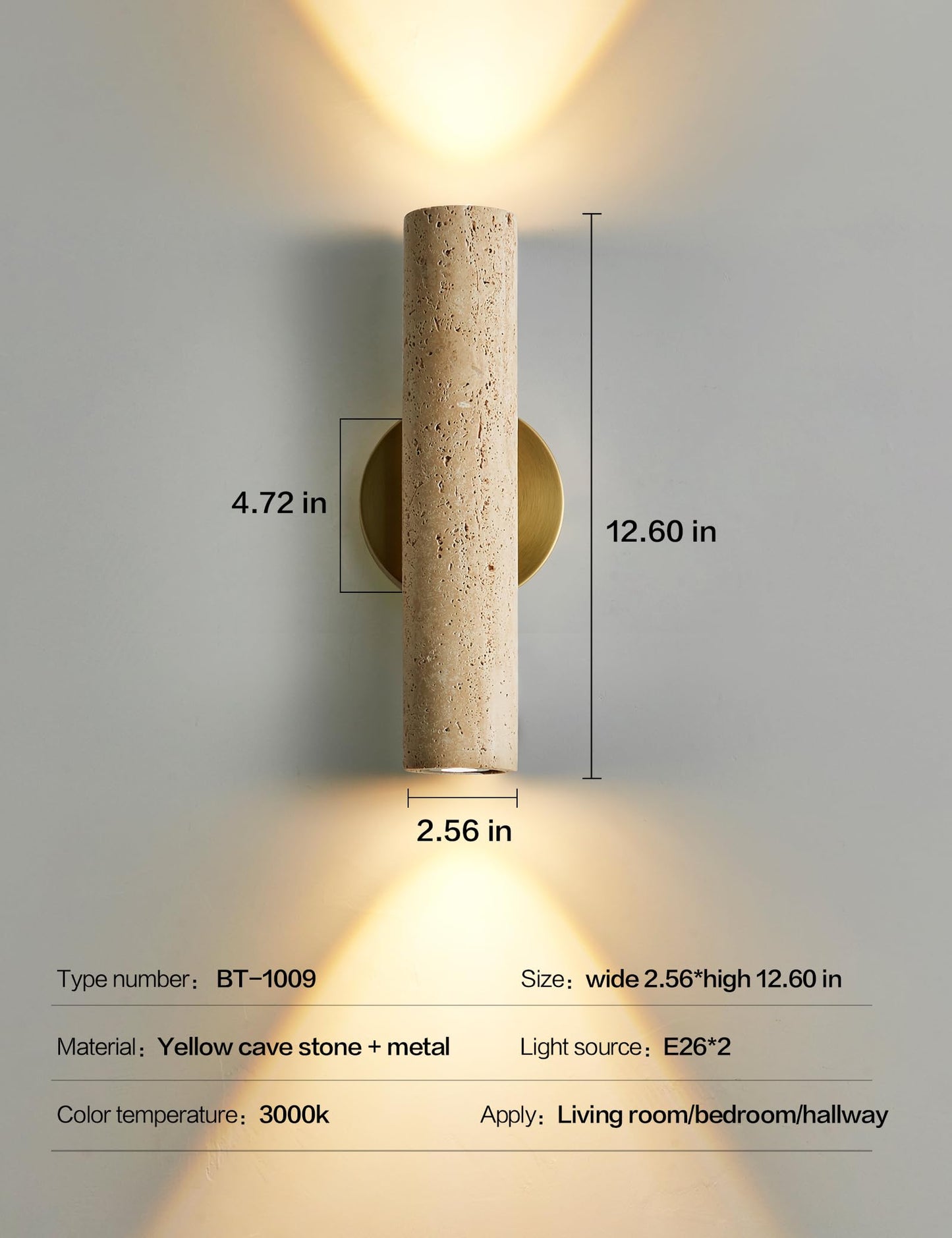 LVLVlech Natural Yellow Cave Stone Wall Sconce, 12.6 Inch Up Down Wall Light Fixture, E26 Hardwired Indoor Lamp, Wabi Sabi Modern Stone Sconce for Bedroom Hallway