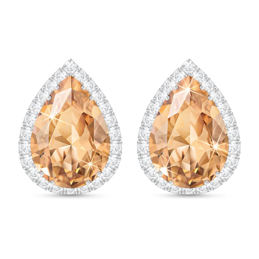 Linawe Silver Color Champagne Orange Rhinestone Stud Earrings for Women Trendy, CZ Cubic Zirconia Birthstone Tear Drop Gem Stone Earrings Stud, Pear Shaped Birthstone Fake Diamond Costume Jewelry