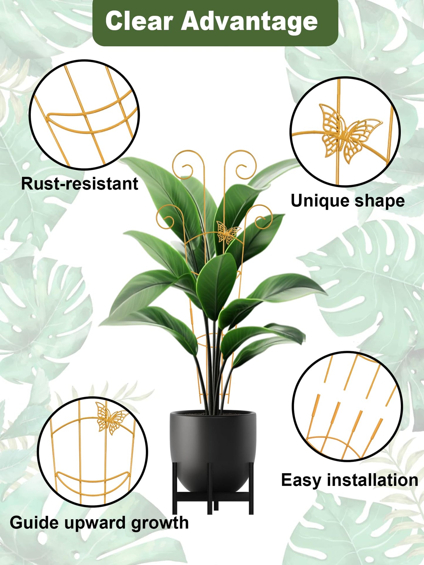 4Pcs Indoor Plant Trellis for Potted Plants, 30" Taller Expandable Garden Metal Trellis for Climbing Plants Outdoor, Houseplant Support Stakes for Ivy Pothos Hoya Flower (Gold)