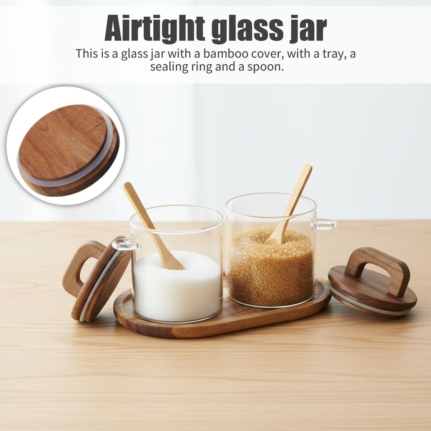 Lolytama Sugar Bowl Set,Airtight Glass Sugar Jar with Wooden Lids,Sugar Container Side Spoons and Serving Tray,Round Coffee Bar Accessories for Tea Station,Countertop, Pantry Shelf,2 Pack