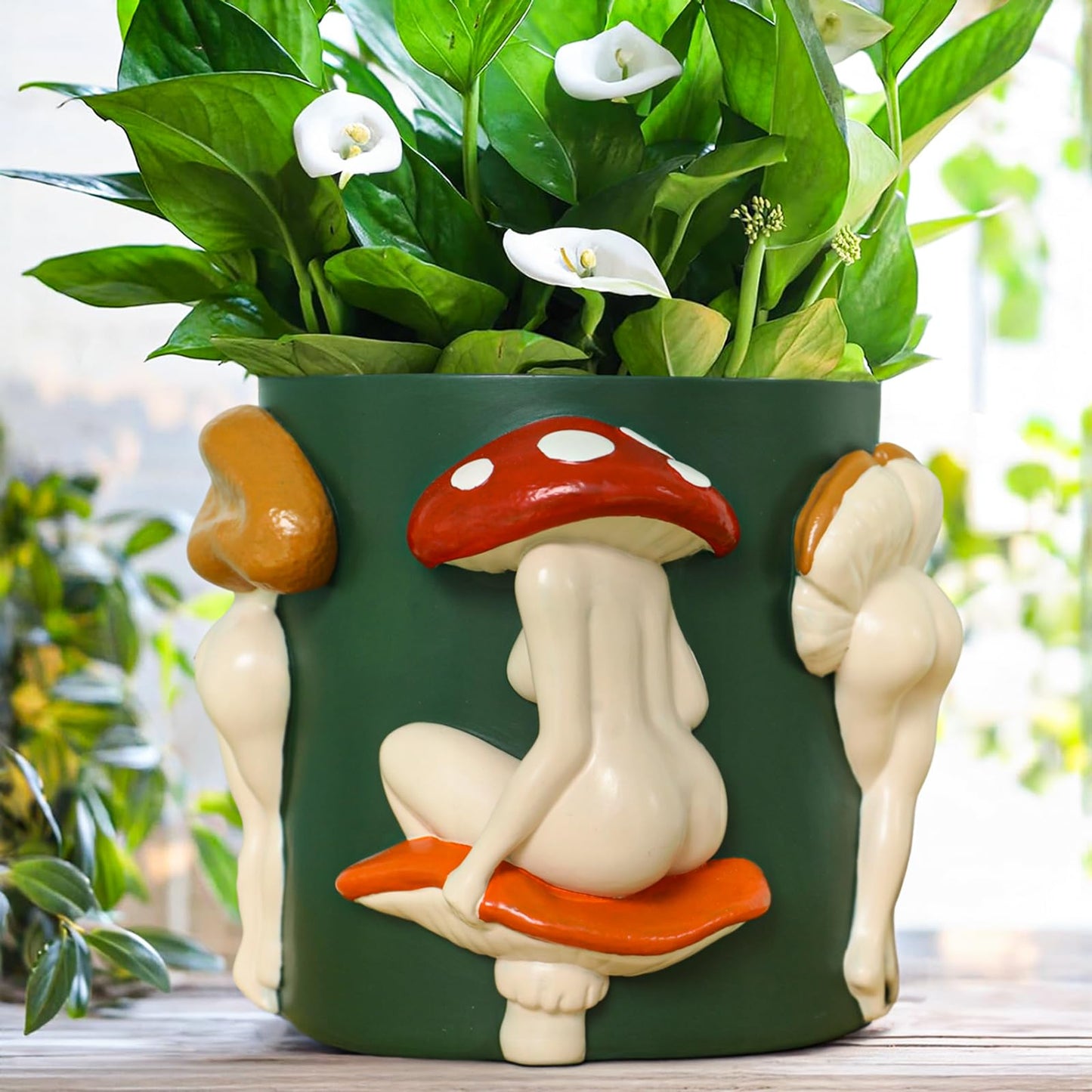 GUGUGO Mushroom Lady Body Plant Pots 8 Inch, Quirky Unique Cute Planters Boho Funky Eclectic Home Decor, Mushroom Butt Flower Pots, Indoor Planting Pot, Modern Aesthetic for Decorating, Dark Green