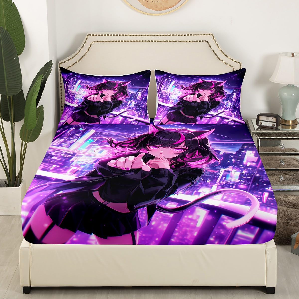 Erosebridal Kids Anime Girl Twin Size Sheet Set, Japanese Anime Bed Sheets, Cartoon Girl Fitted Sheet Top for Boys Teens Bedroom, Kawaii Japanese Animation Bedding Set with 1 Pillow Case