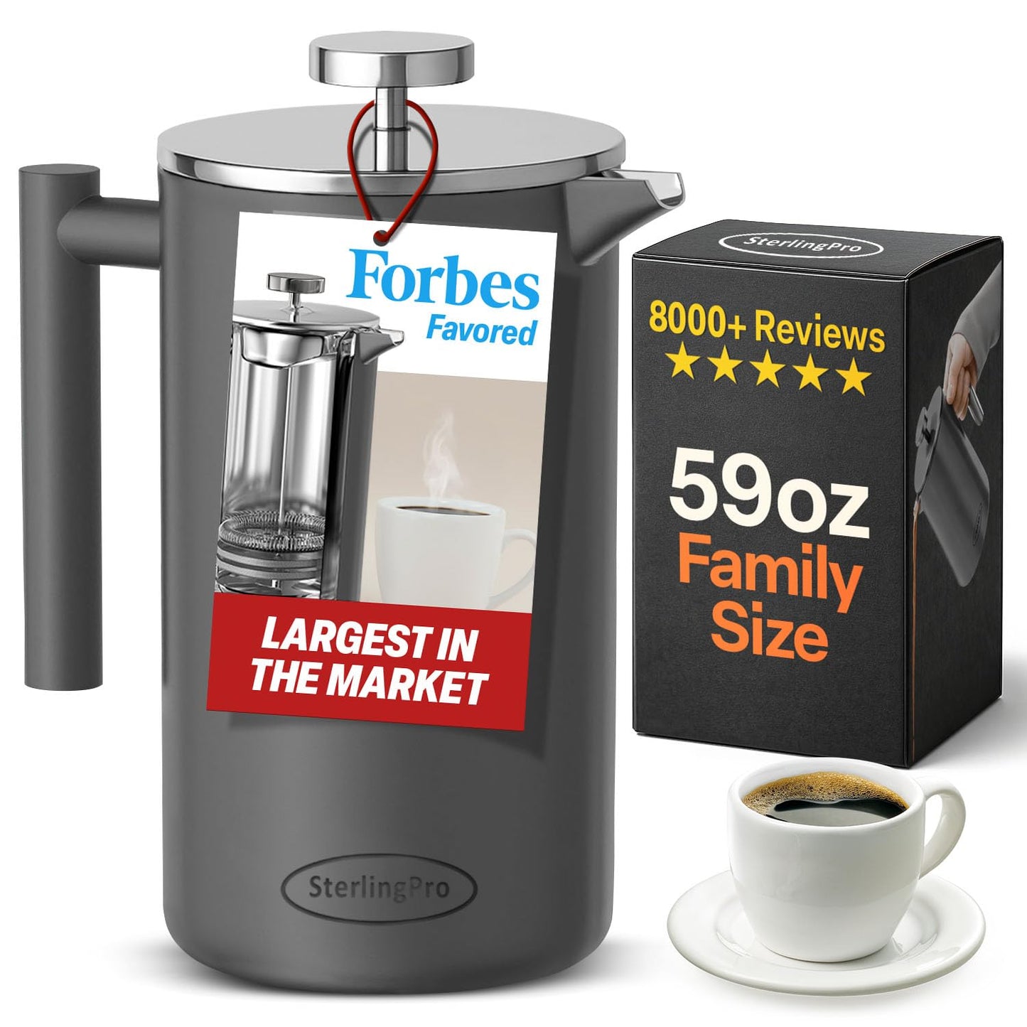 SterlingPro Stainless Steel French Press Coffee Maker 1.75 L (59 oz) Grey – Double Walled Insulated Extra Large French Press, Durable Design Keeps Drinks Hot, Easy to Use and Clean for Rich Flavor