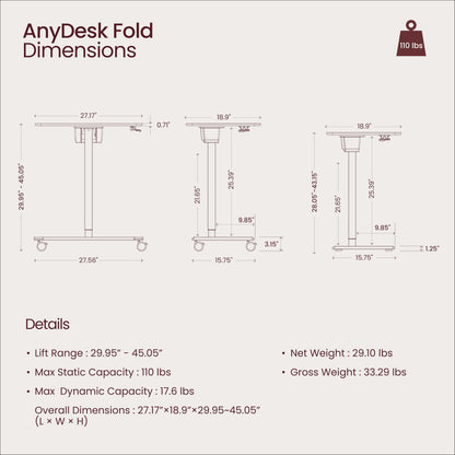 TopJob ANYDESK FOLD Mobile Standing Desk, Portable with Lockable Wheels, Foldable Stand Desk, Rolling Computer Workstations, Used for Home, Couch Side Table, Bedside Table in Bed Room Kitchen
