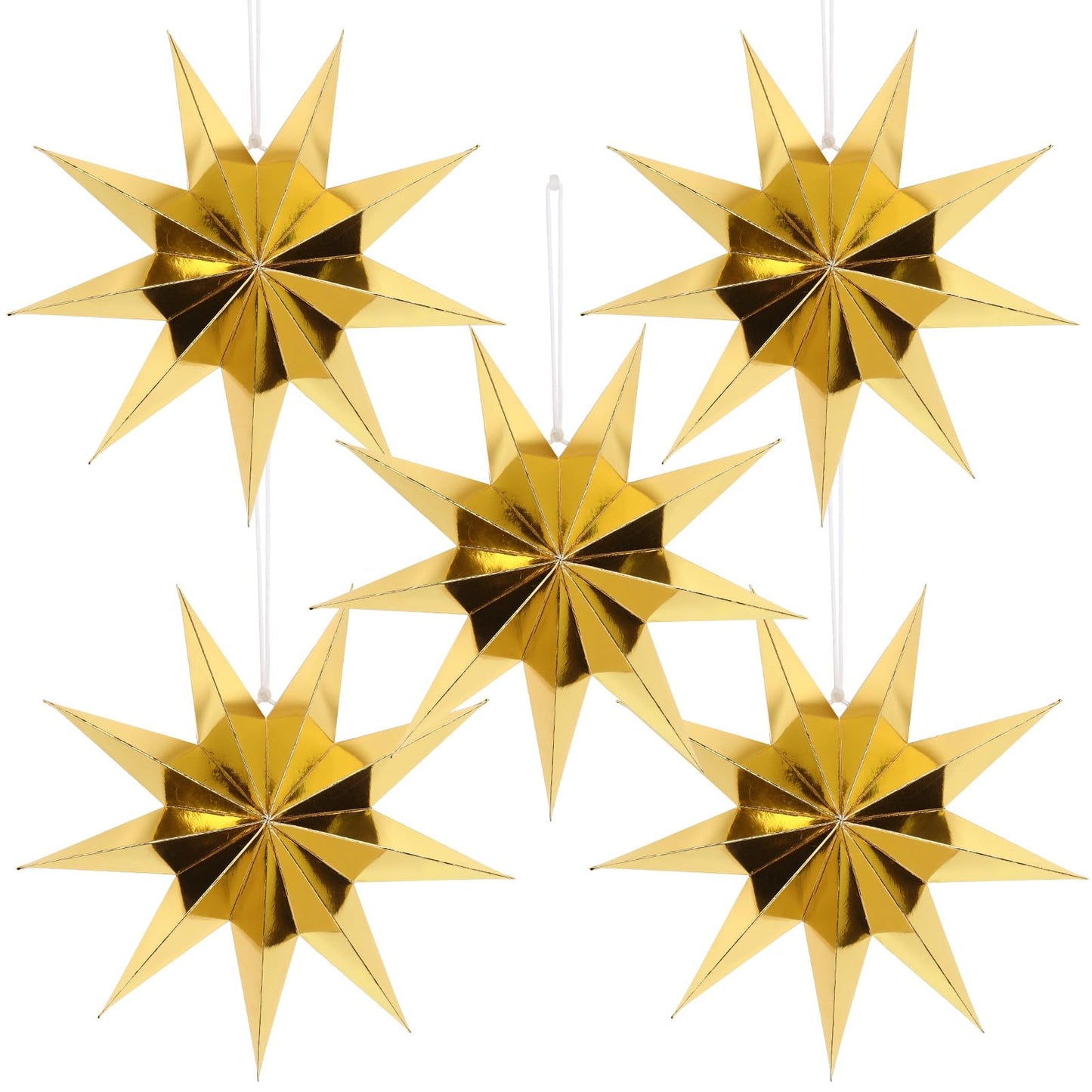 BestoFun 12 Inches 5 PCS Gold Paper Star Lanterns Christmas Party Decorations Hanging Stars Wedding Birthday Christmas Home Party Decorations(9 Pointed)