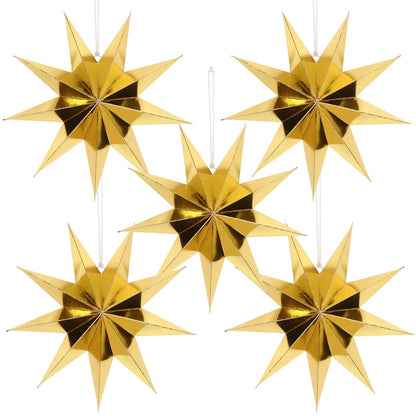 BestoFun 12 Inches 5 PCS Gold Paper Star Lanterns Christmas Party Decorations Hanging Stars Wedding Birthday Christmas Home Party Decorations(9 Pointed)