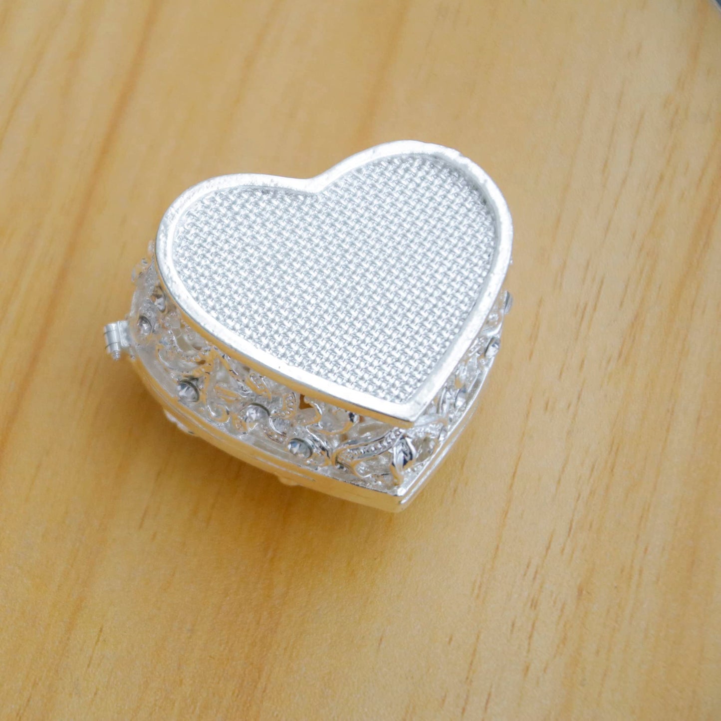 Silver Heart Jewelry Trinket Box Bejeweled Heart Box with Hollow Flower Figurines Jewelry Boxes Ring Holder