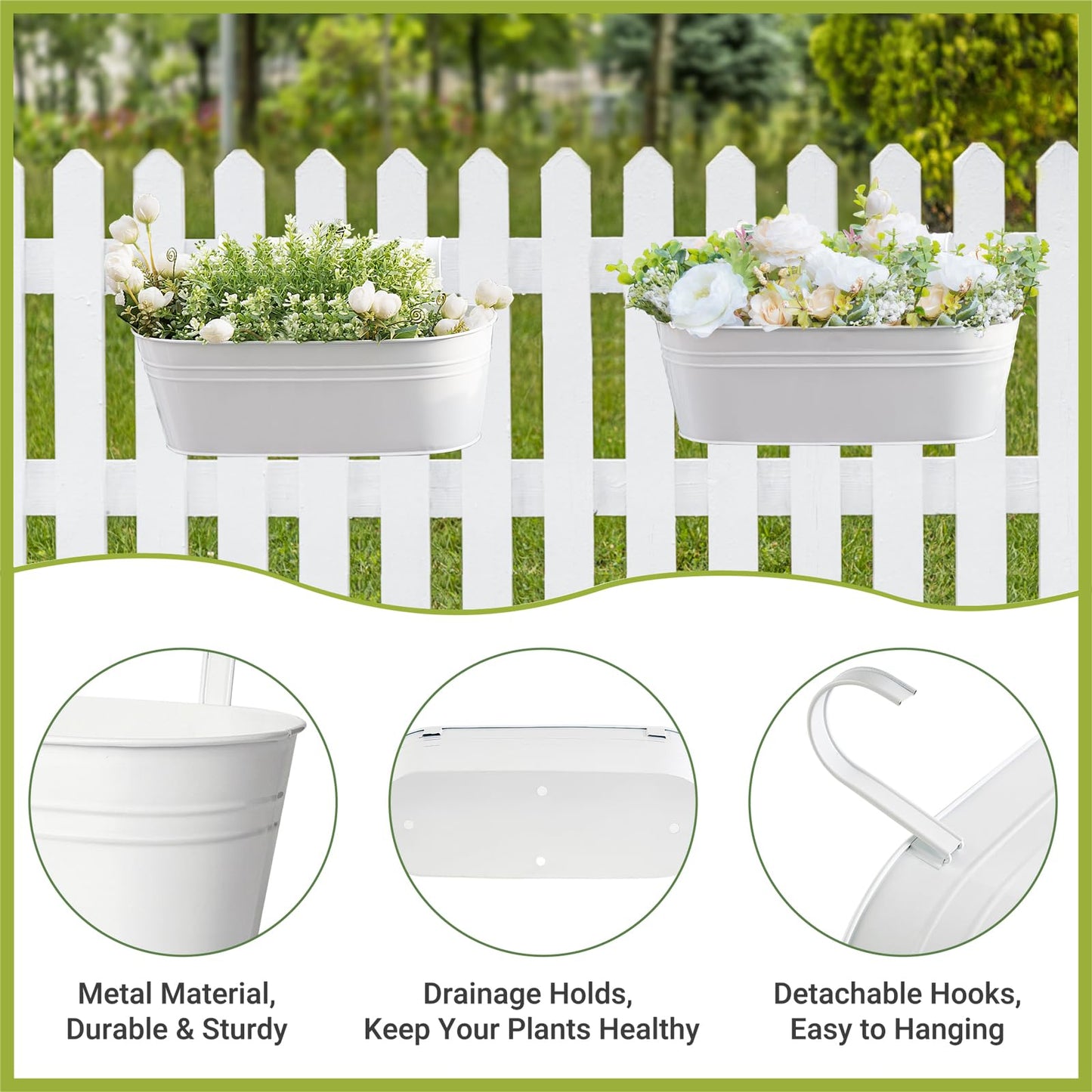 Dahey 3 Pcs Metal Iron Hanging Flower Pots for Railing Fence 15.7 Inch Hanging Bucket Pots Countryside Style Window Flower Plant Holder with Detachable Hooks for Garden Yard Home Decor, White