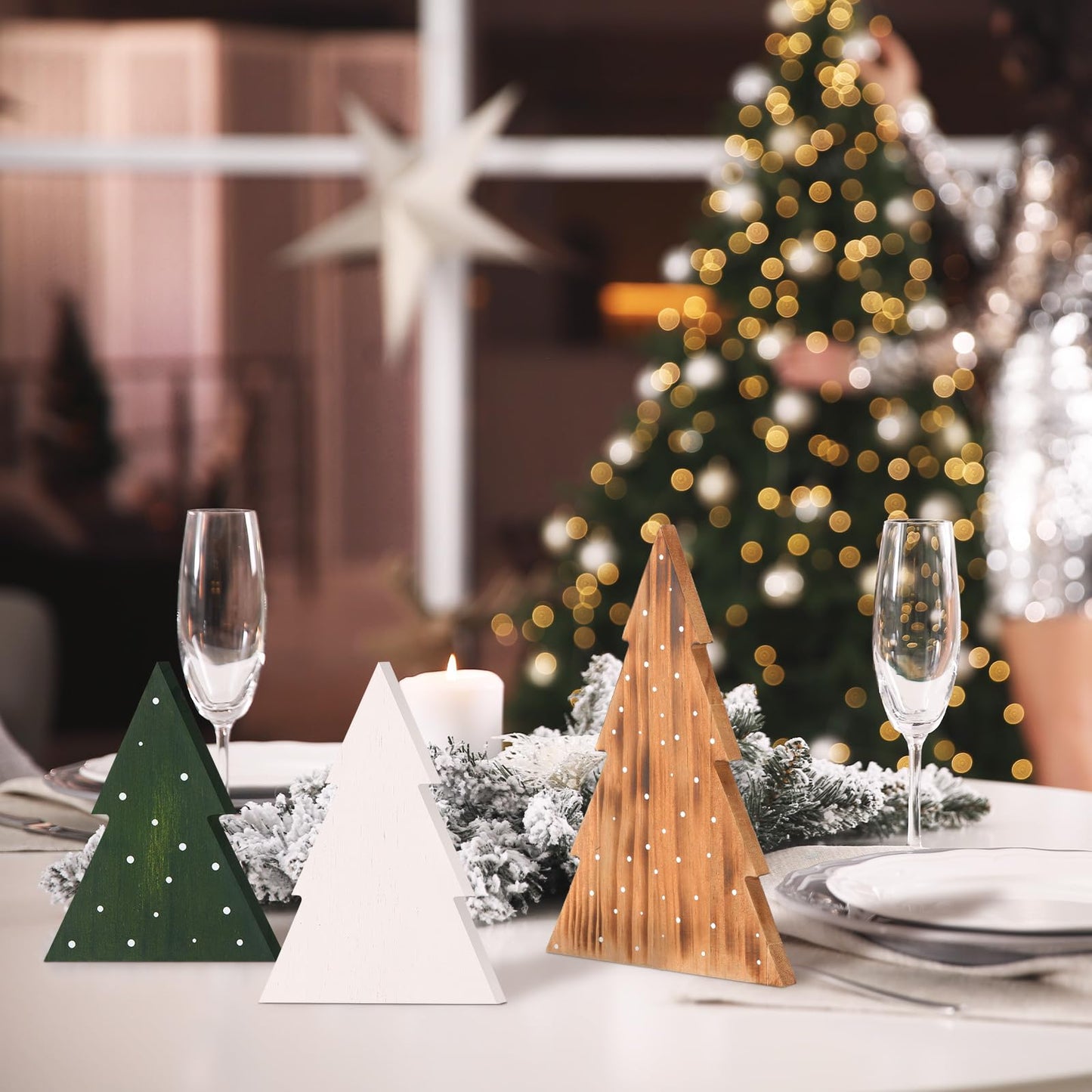AceOrbit 3 Pcs Christmas Decorations Rustic Farmhouse Wood Christmas Trees Neutral Tabletop Tree Signs Decor Freestanding Xmas Wooden Decorations for Fireplace, Mantle, Shelf, Home, Office