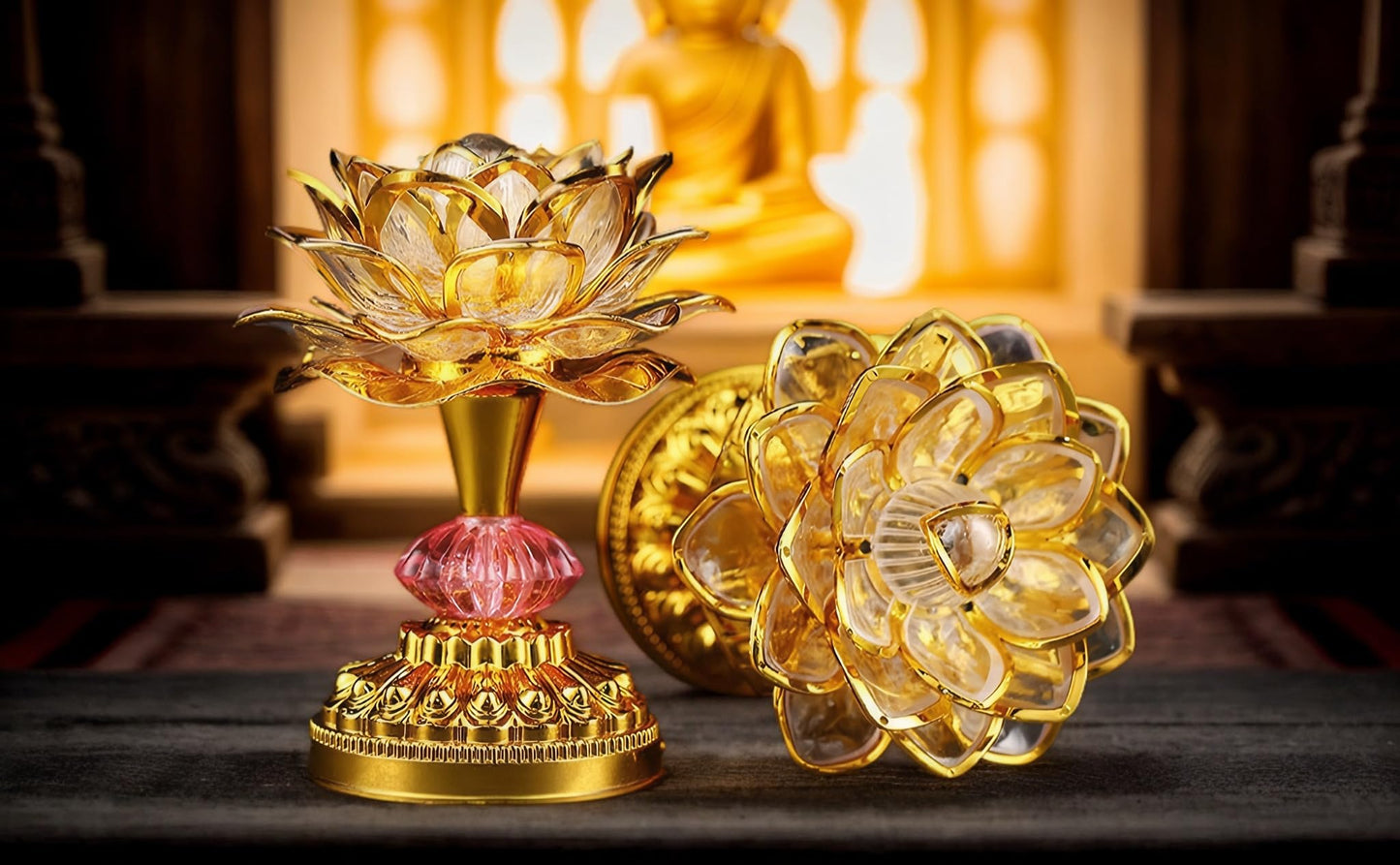Omeet Colorful LED Lotus Buddhist Lamp, Built 13 Buddhist Songs, Gradient Buddha Light for Worship, Prayer and Display, Low Power Consumption, Eco, Buddhist Supplies - Gold