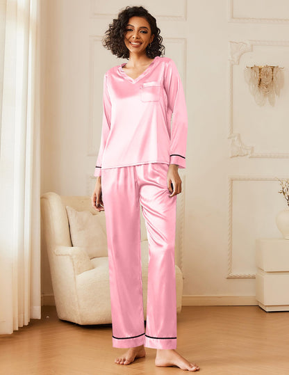 Ekouaer Silk Pajama for Women Long Sleeve Satin Pj Set Two Piece Soft Sleepwear Loungewear S-XXL