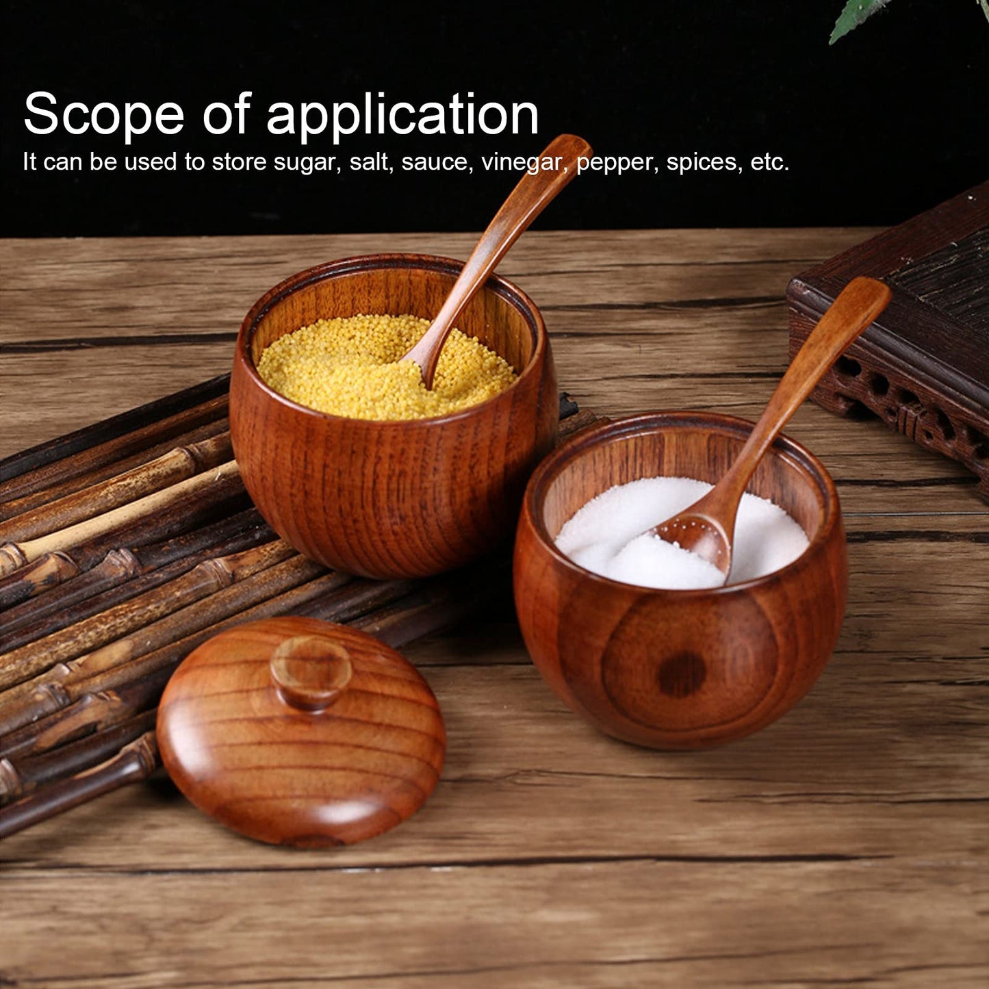Gsycle Salt Cellar, 2set Spice Jar Spice Box Salt Container Wood Salt Bowl Salt and Pepper Bowls with Lid and Spoon Salt Wooden Bowl with Lid