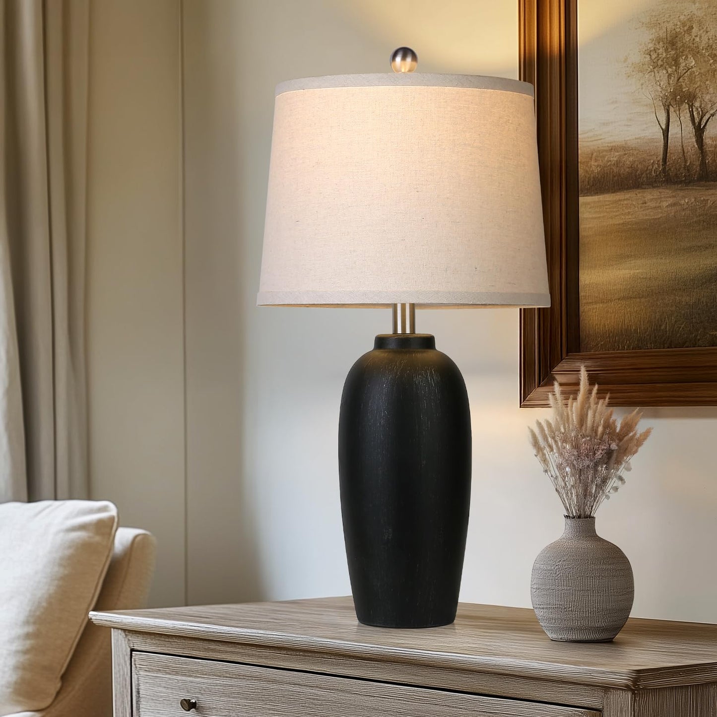 MOUVOVO Jar Table Lamps Set of 2, 25" Ceramic Bedside Lamps for Living Room, Black Farmhouse Nightstand Lamps for Bedroom