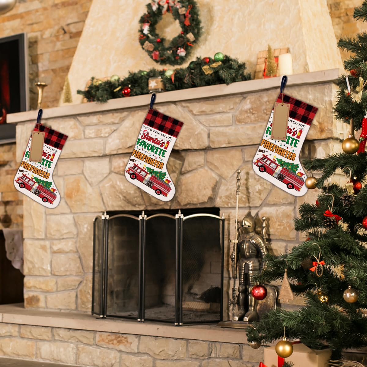 Firefighter Christmas Stocking Christmas Tree Decoration - Special Delivery for Santa's Favorite Firefighter Gifts Xmas Stocking Hanging for Fireplace Wall Stairs Holiday Xmas Decor 18x12 Inch