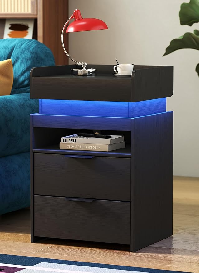 Turosur LED Night Stand with Gun Drawer, Smart Nightstand with Hidden Charging