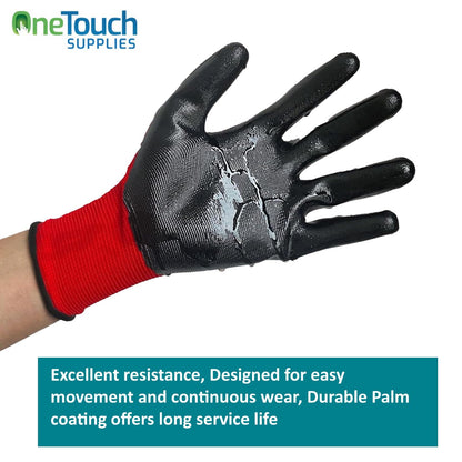 A406 24 Pair Red Work Gloves Nitrile Coated for Builders, Gardening, Construction, Warehouse Use (Large)