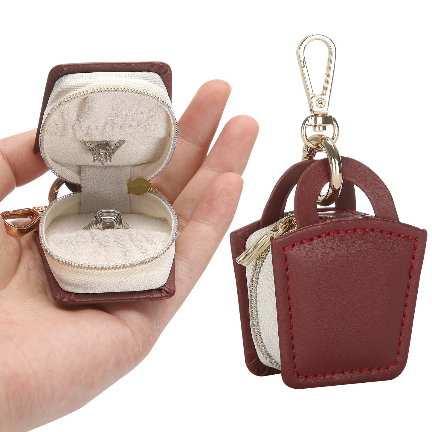 KUKUVR Jewelry Ring Holder Box with Keychain, Small Ring Earring Stud Necklace Storage Case for Gym Travel Sports, Portable Jewelry Storage Boxes (Red)