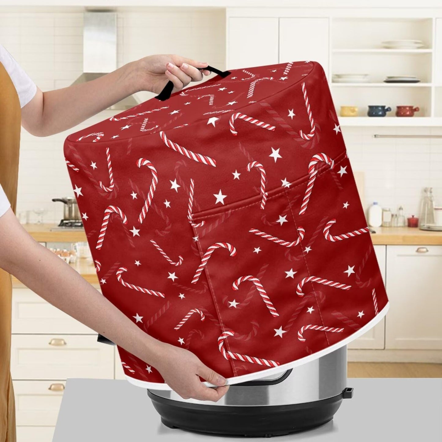 Tutolipy Candy Cane Kitchen Appliance Covers with Top Handle Christmas Air Fryer Cover 6 Quart Red Xmas Decor Pressure Cooker Protectors with Pocket